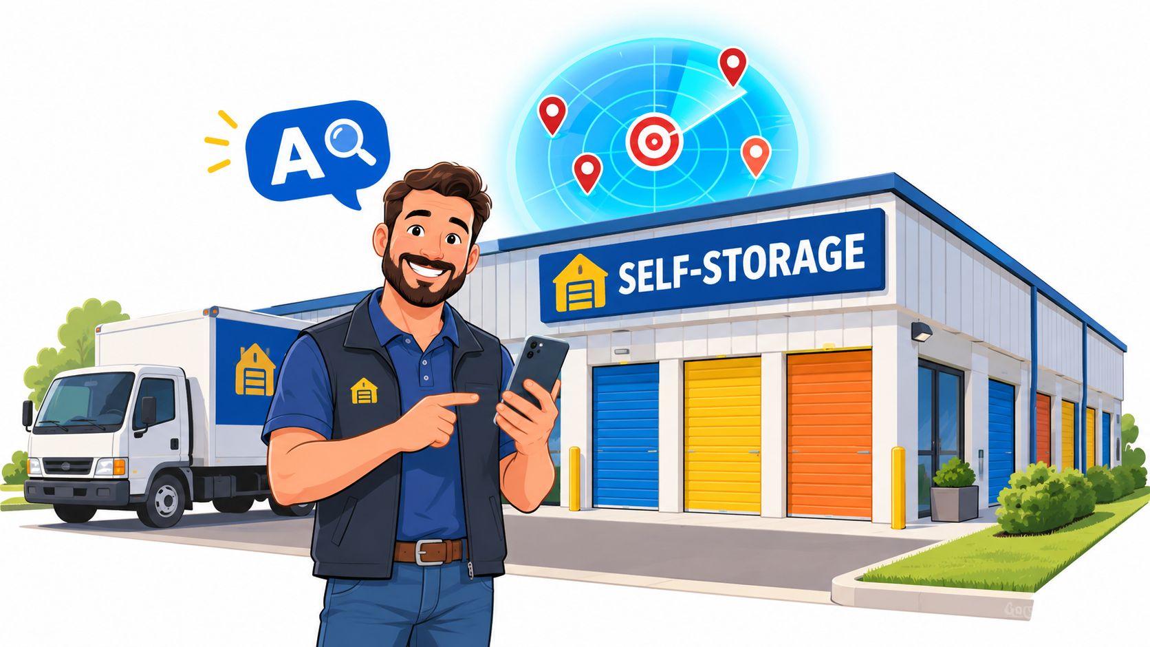 A friendly man holding a phone in front of a modern self-storage facility with a radar graphic.