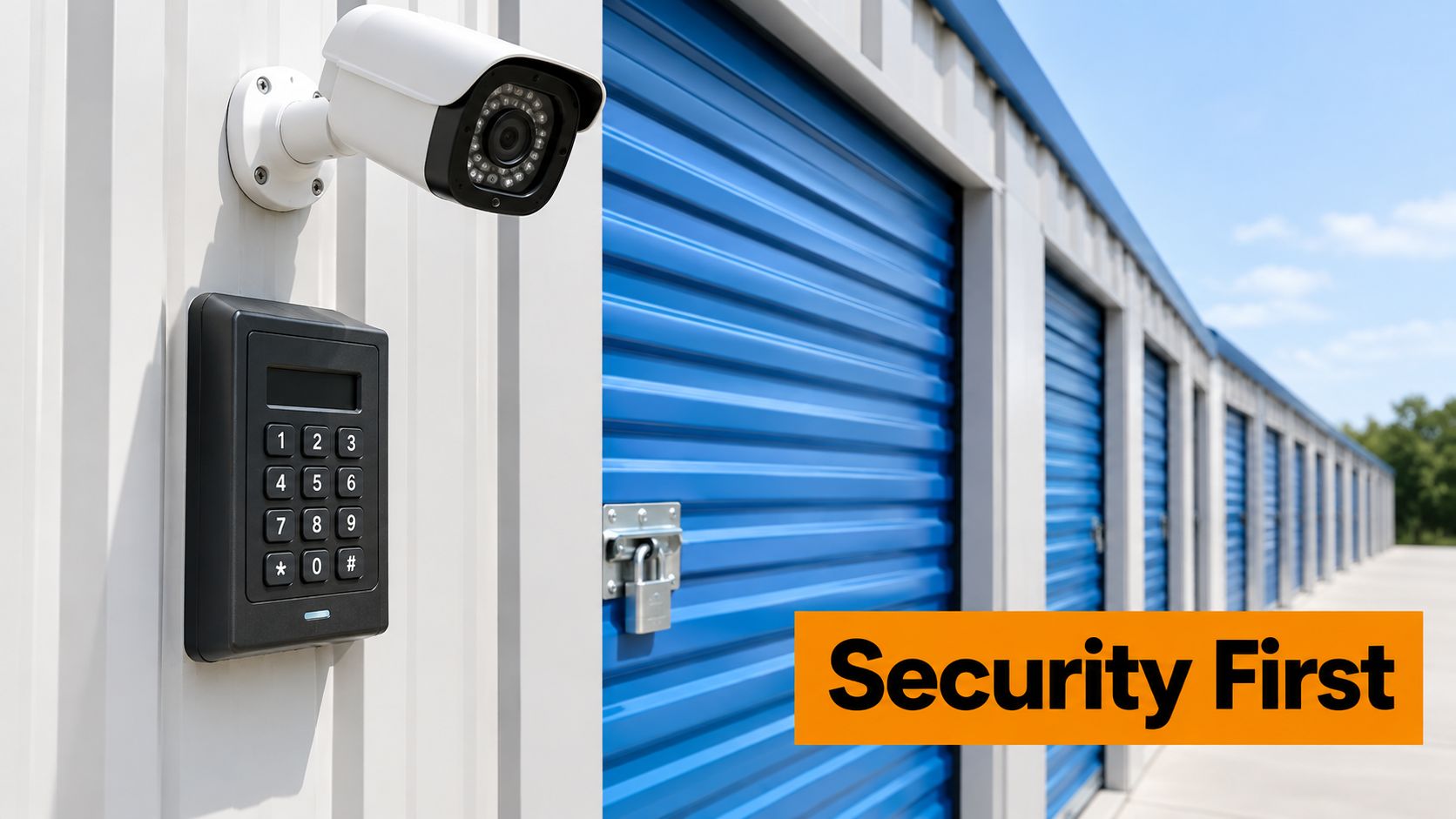 A security camera and keypad lock installed on a storage facility unit with blue roll-up doors.