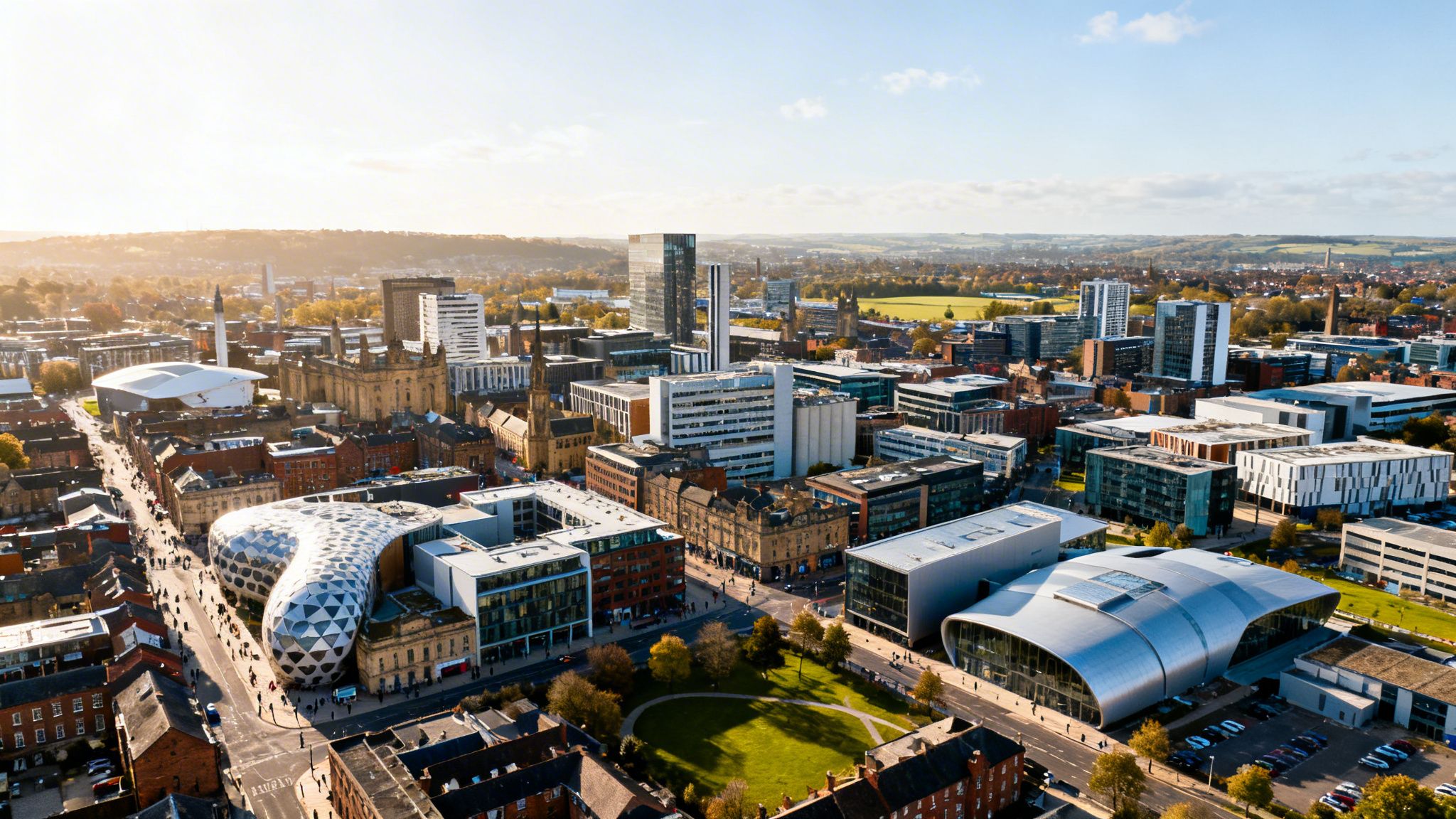 Aerial view of the modern Nottingham cityscape featuring the distinctive futuristic design of the National Videogame Museum