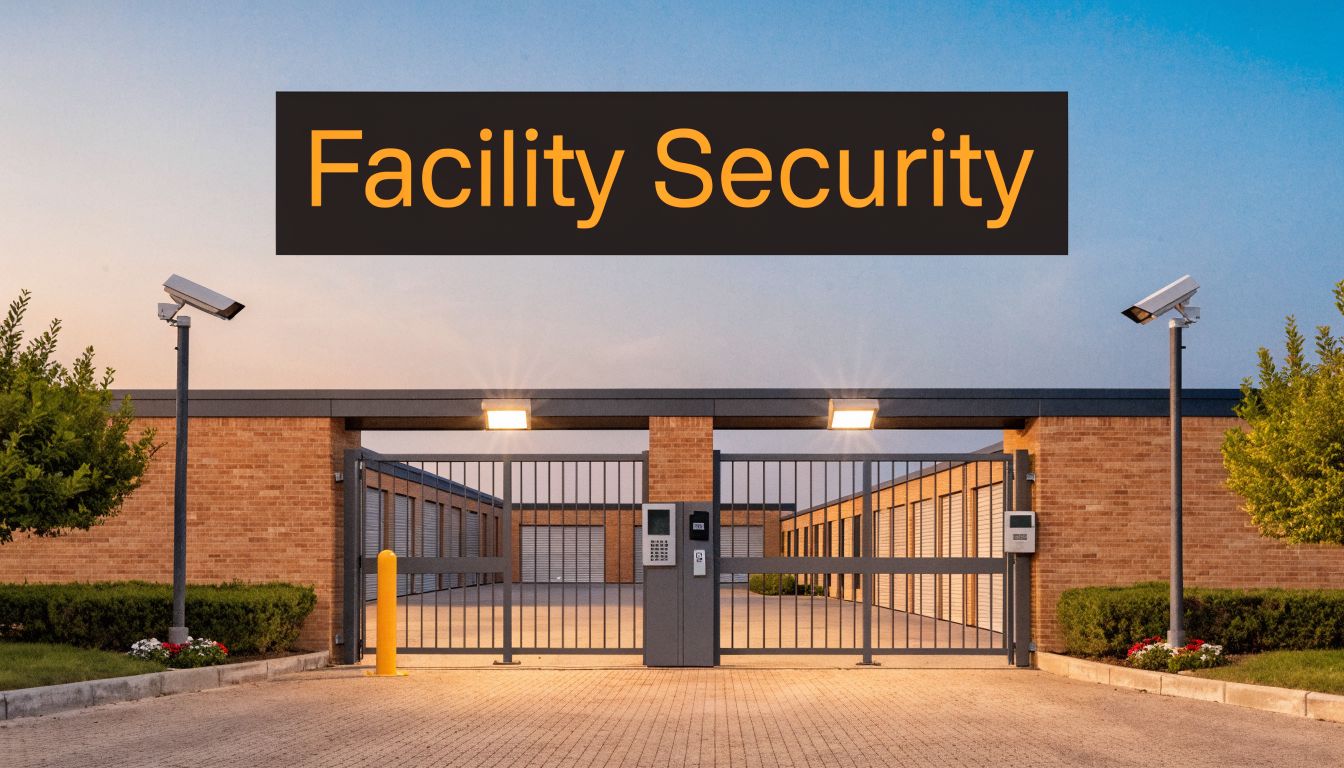 A secure gated entry to a self storage facility with security cameras and brick walls at sunset.
