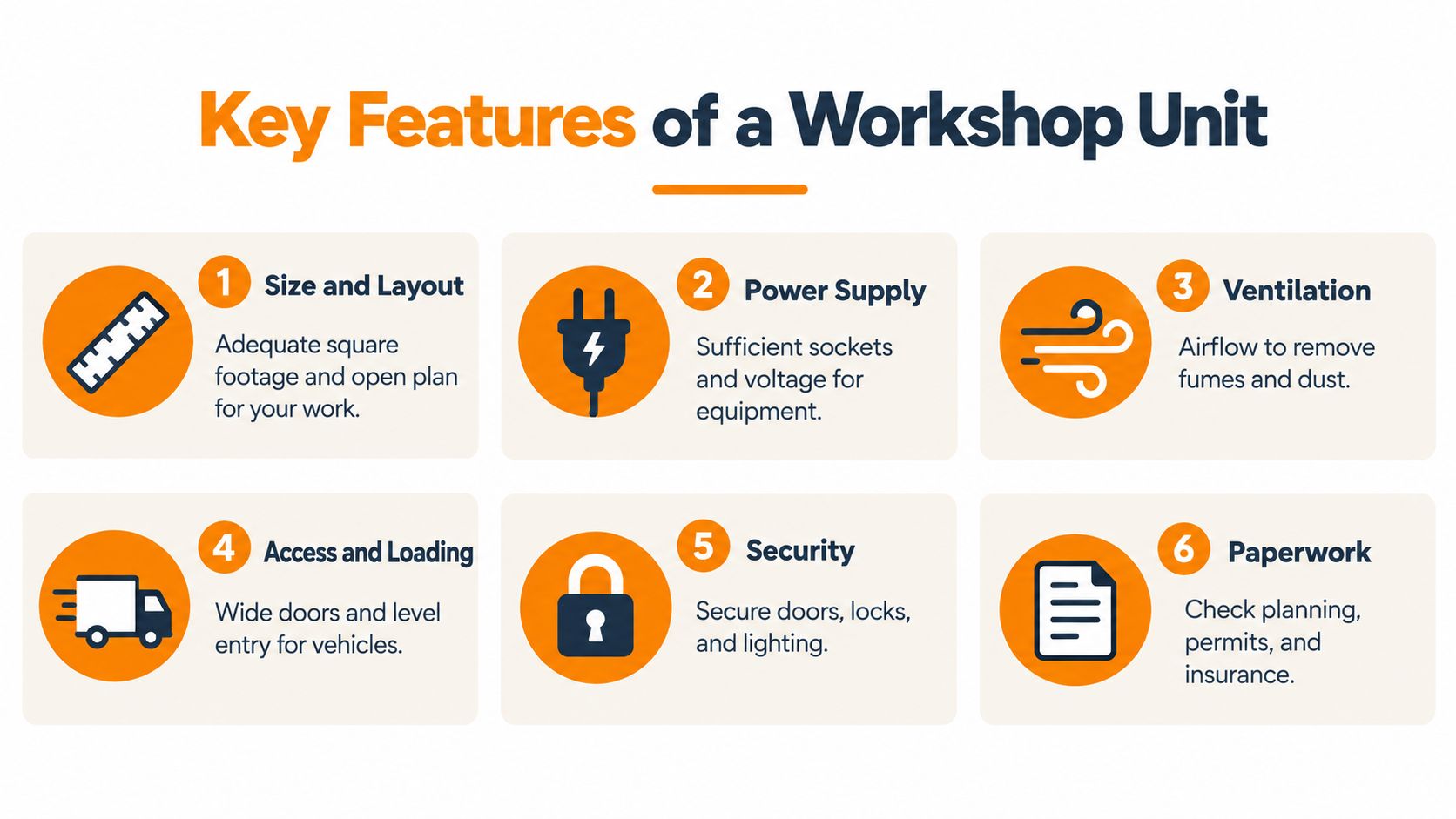An infographic detailing the six key features to consider when selecting a suitable workshop unit for business.