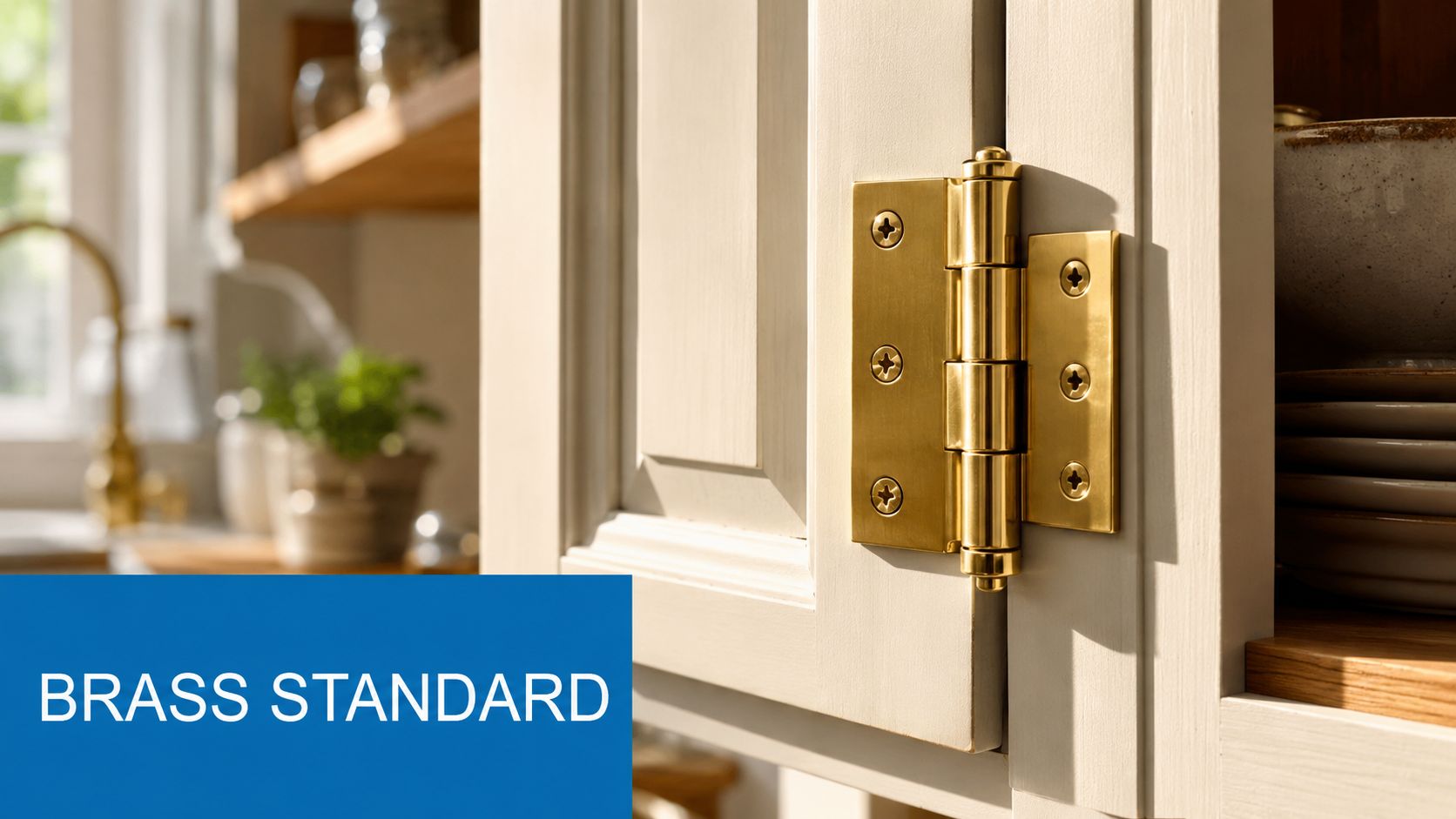 A close-up view of a polished brass cabinet hinge installed on a light-colored kitchen cabinet door.
