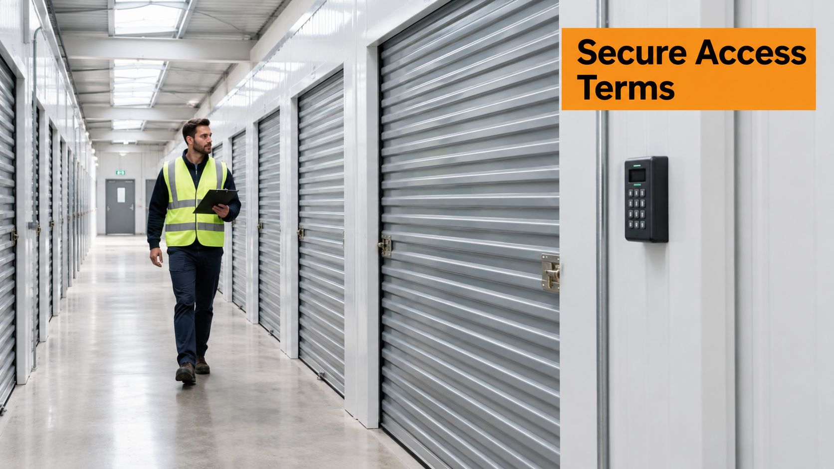 A storage facility employee walks down a hallway lined with metal storage units near a security keypad.