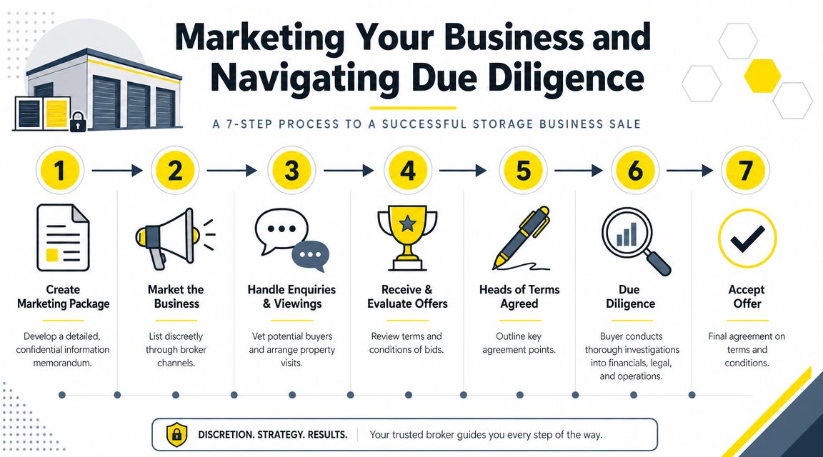 An infographic showing a seven-step process for a successful storage business sale from marketing to closing.