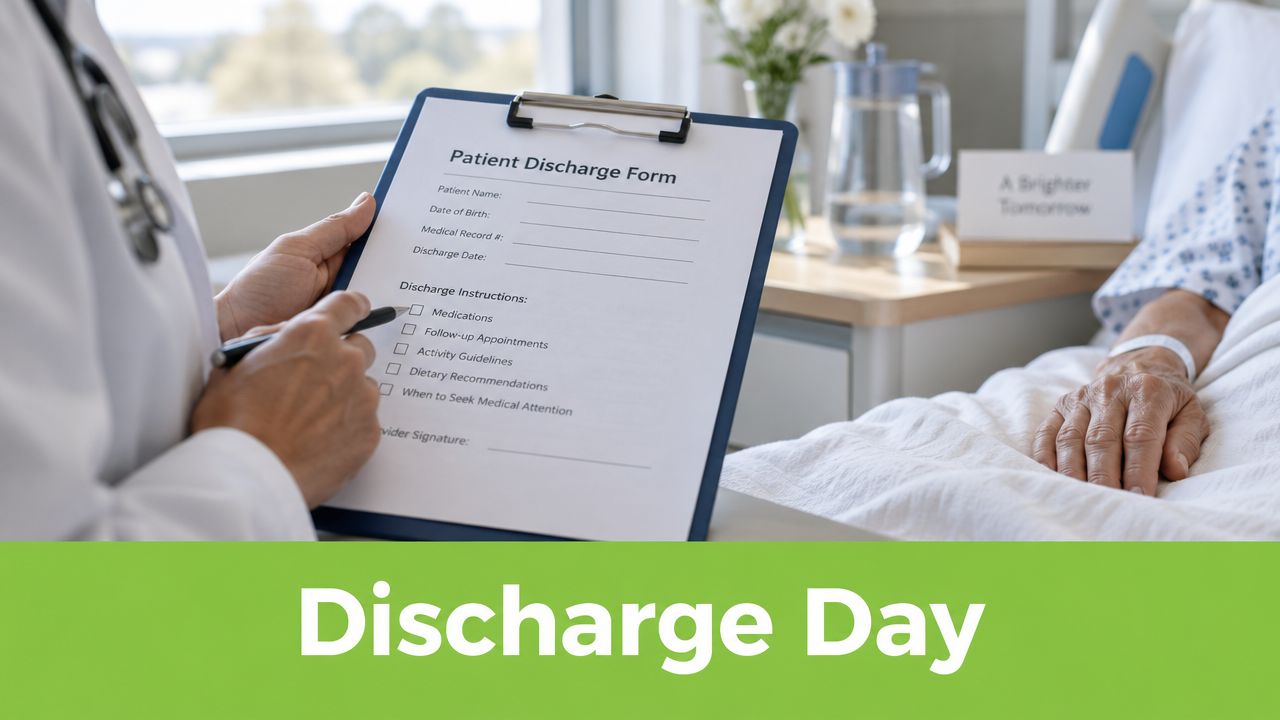 A doctor holding a patient discharge form in a hospital room with a patient resting in bed.