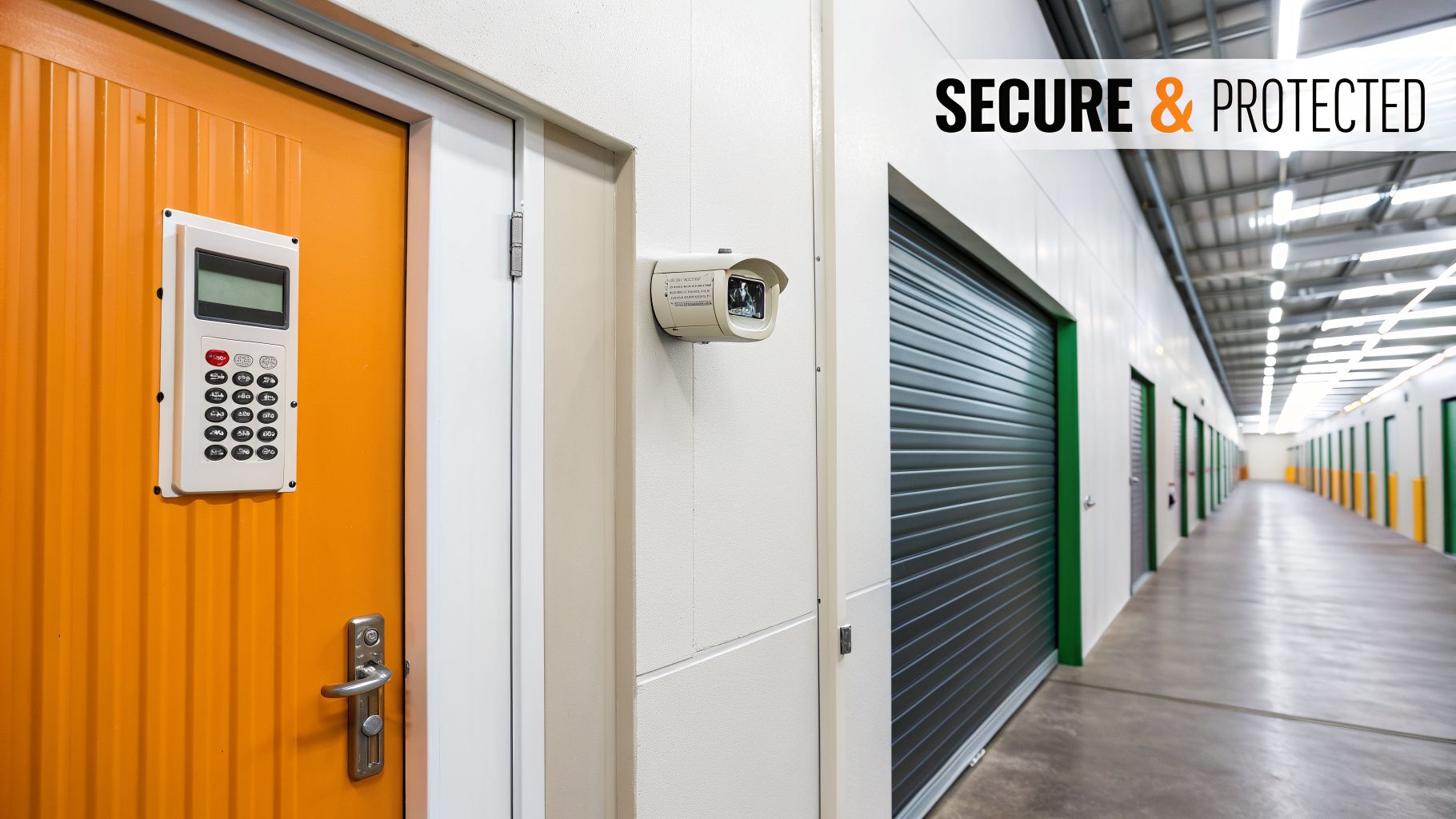 A secure self-storage facility with an orange door, security keypad, CCTV camera, and a long hallway of units.