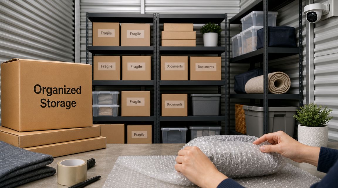 A person wrapping an item in bubble wrap at a desk in a self-storage facility.