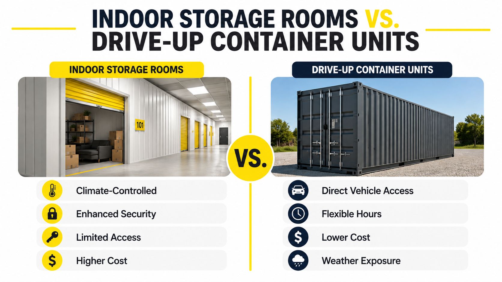 A comparison infographic between indoor storage rooms and drive-up container units showing key features and differences.