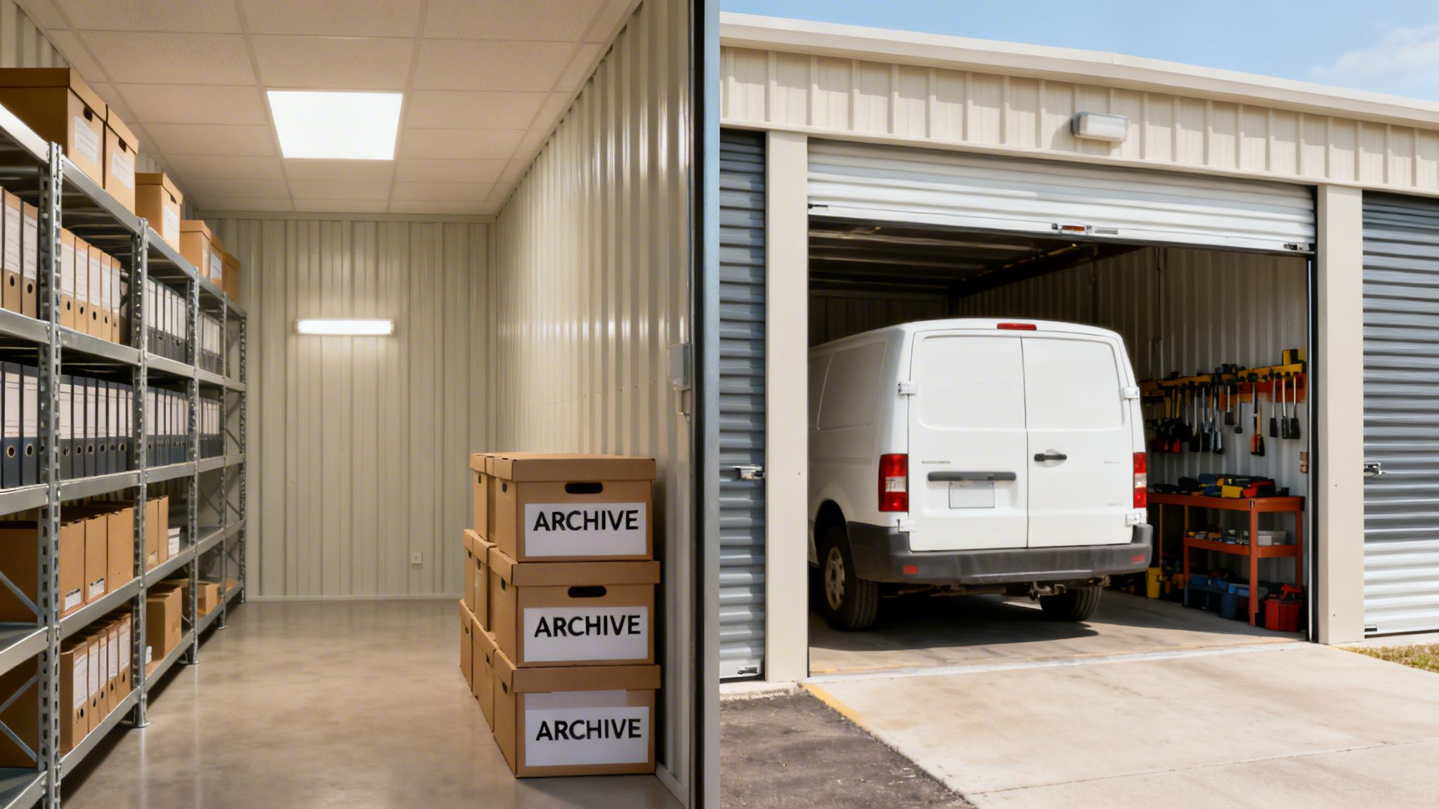 Split image showing an indoor archive storage room and an outdoor self-storage unit with a white van.