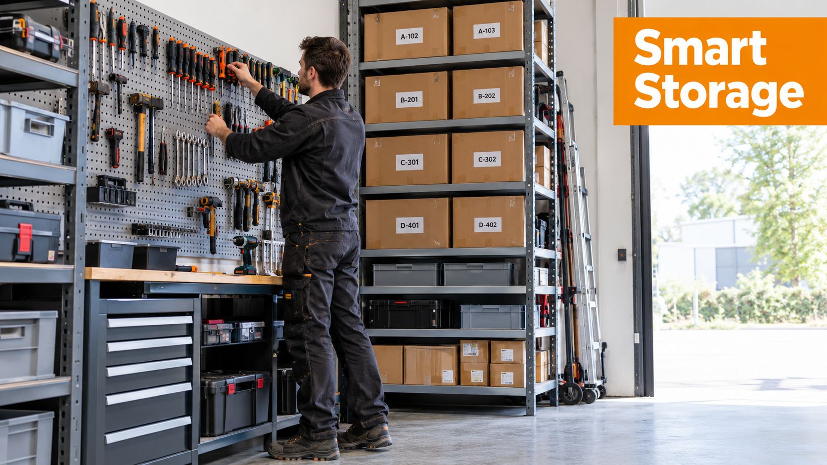 A professional warehouse worker organizing tools on a wall mounted pegboard in a well-organized storage facility.