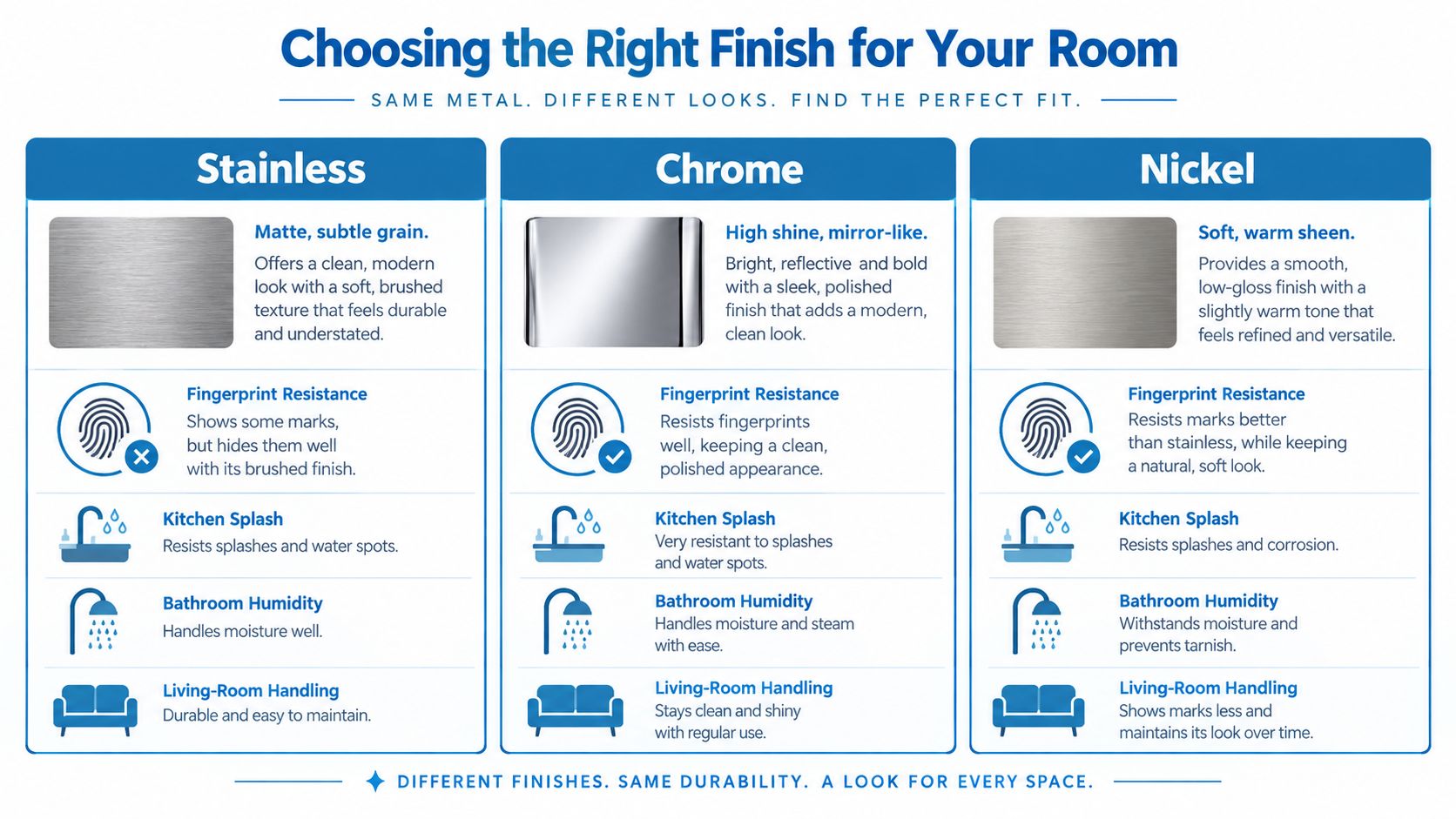 A comparison chart showing features of stainless, chrome, and nickel finishes for household hardware and fixtures.