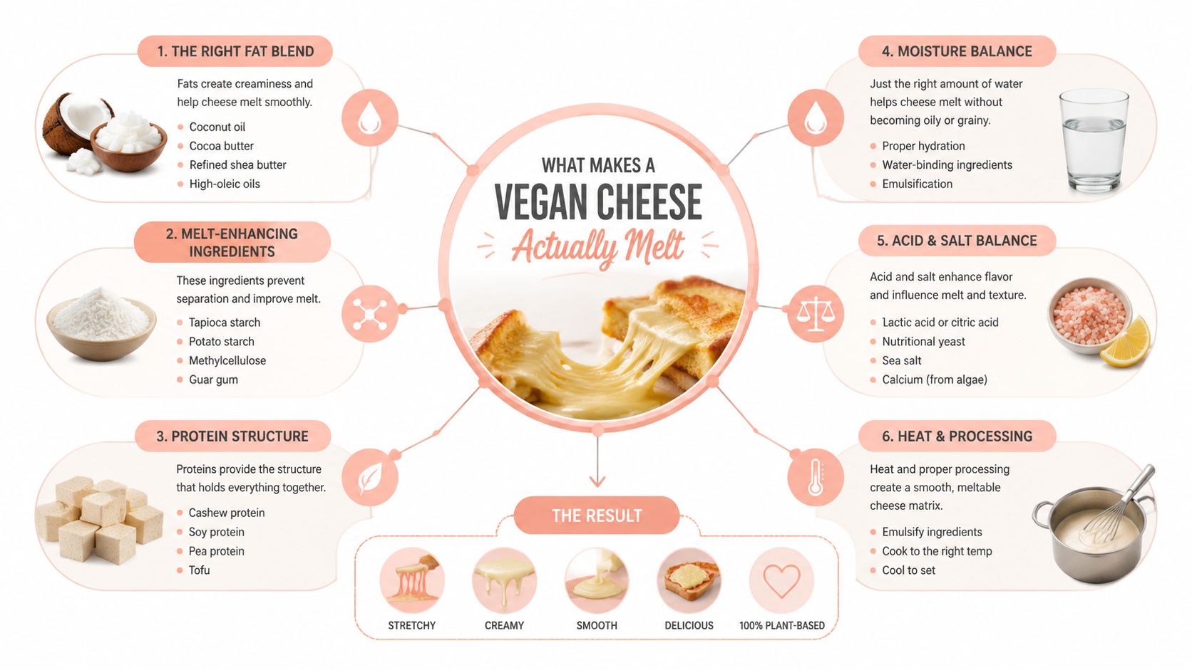 An infographic explaining the key ingredients and processes required to make vegan cheese melt effectively.