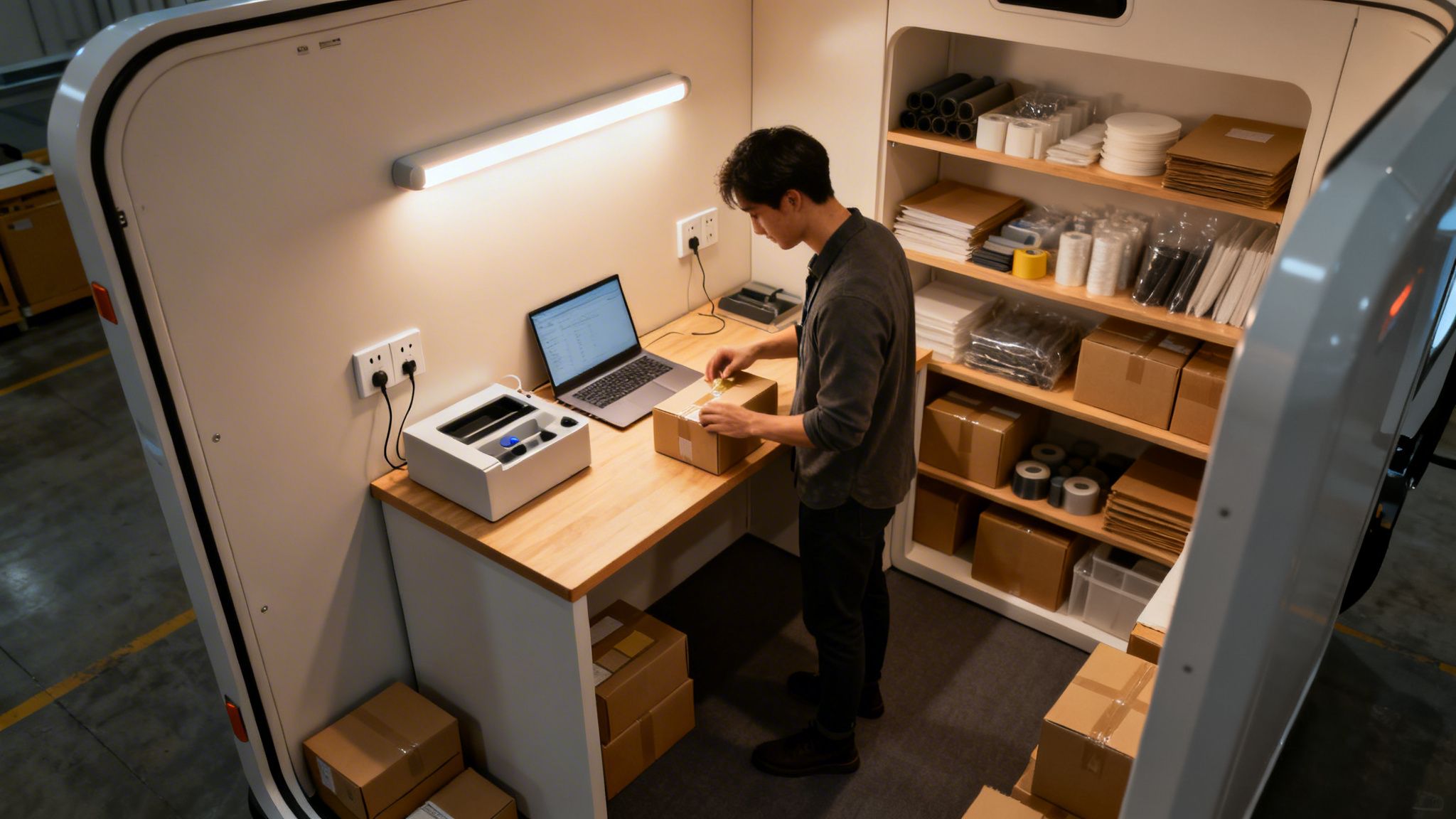 An employee preparing packages in a compact mobile storage and shipping facility.