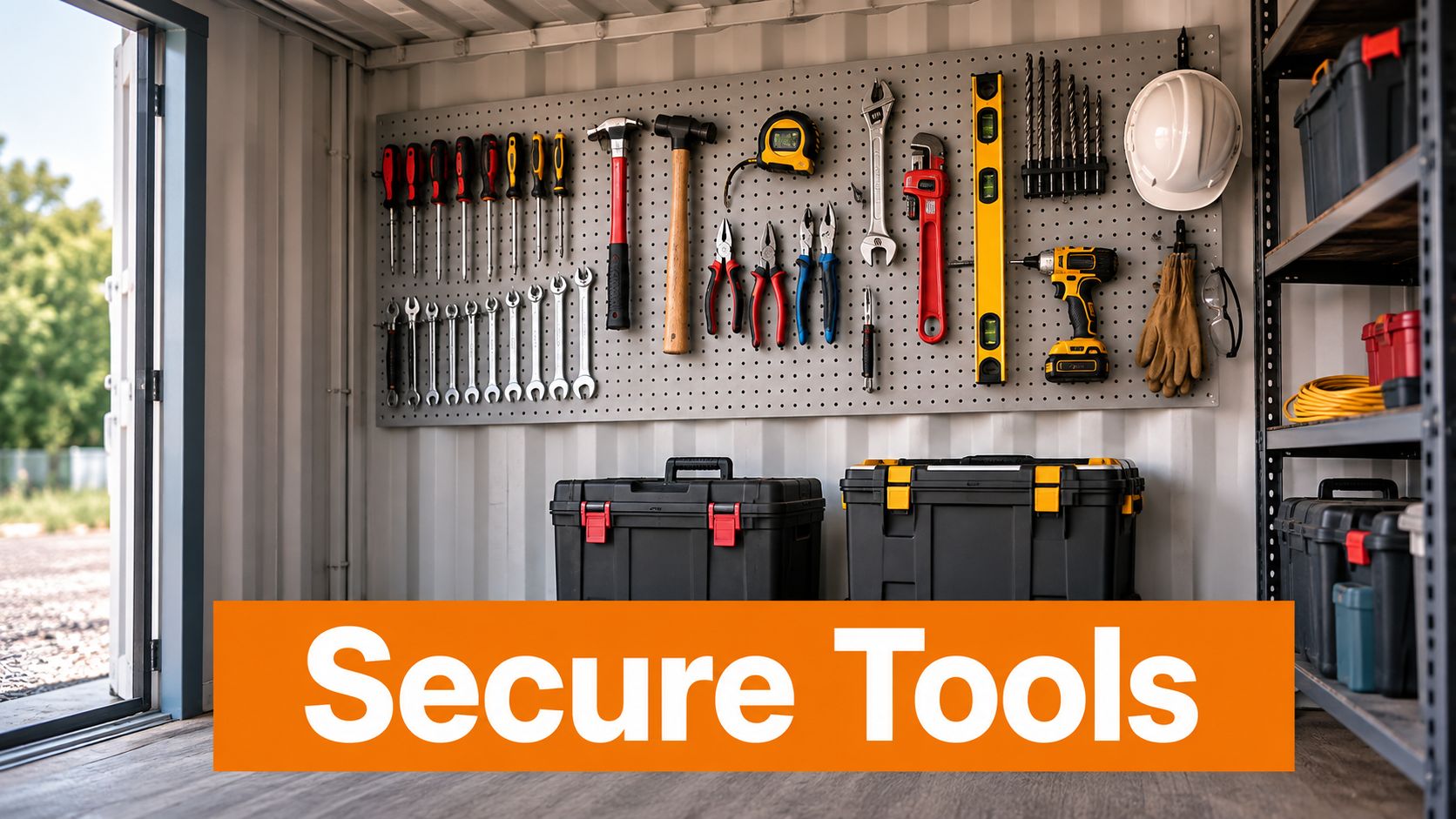 An organized workshop shed interior featuring various hand tools mounted on a pegboard and toolboxes stored neatly.