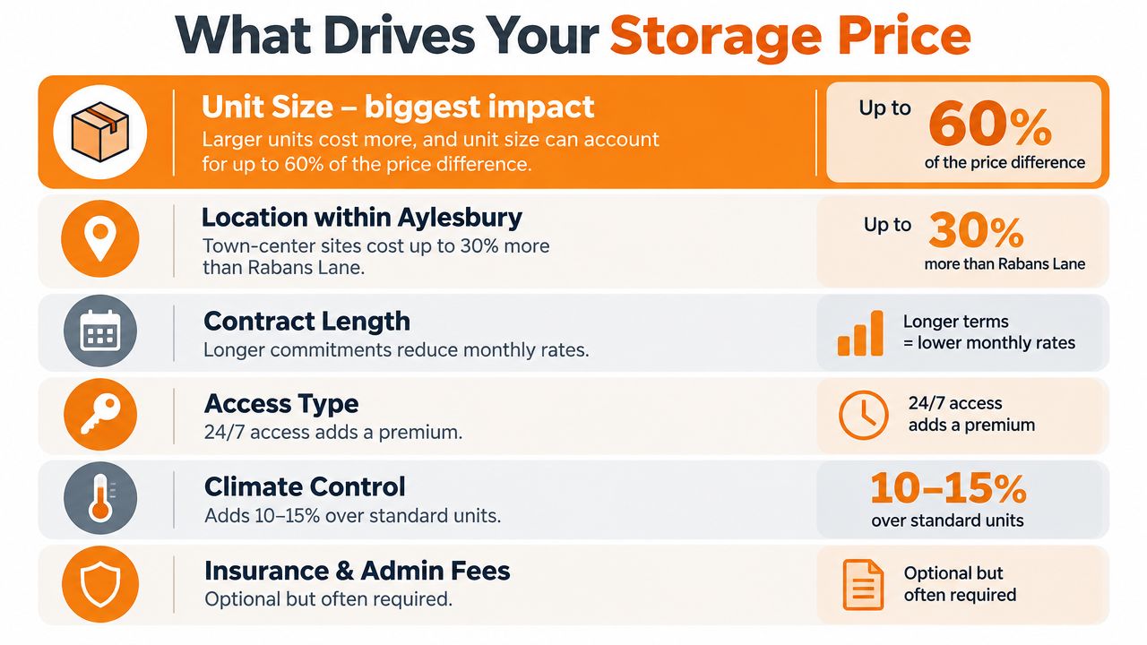 An infographic showing the six key factors that determine self-storage pricing, including unit size, location, and climate control.