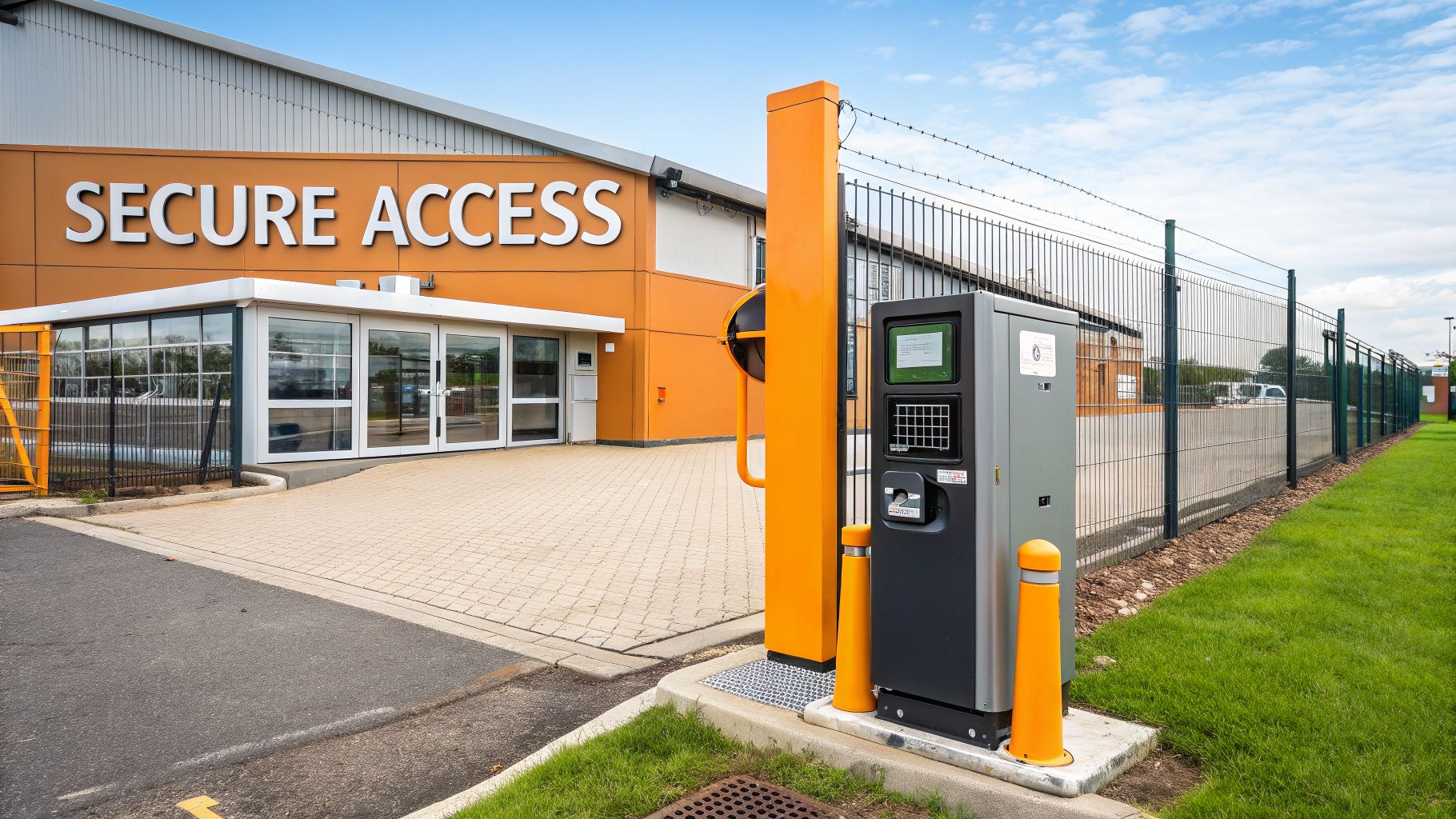 A secure self-storage facility entrance with an automated access gate and a large orange building.