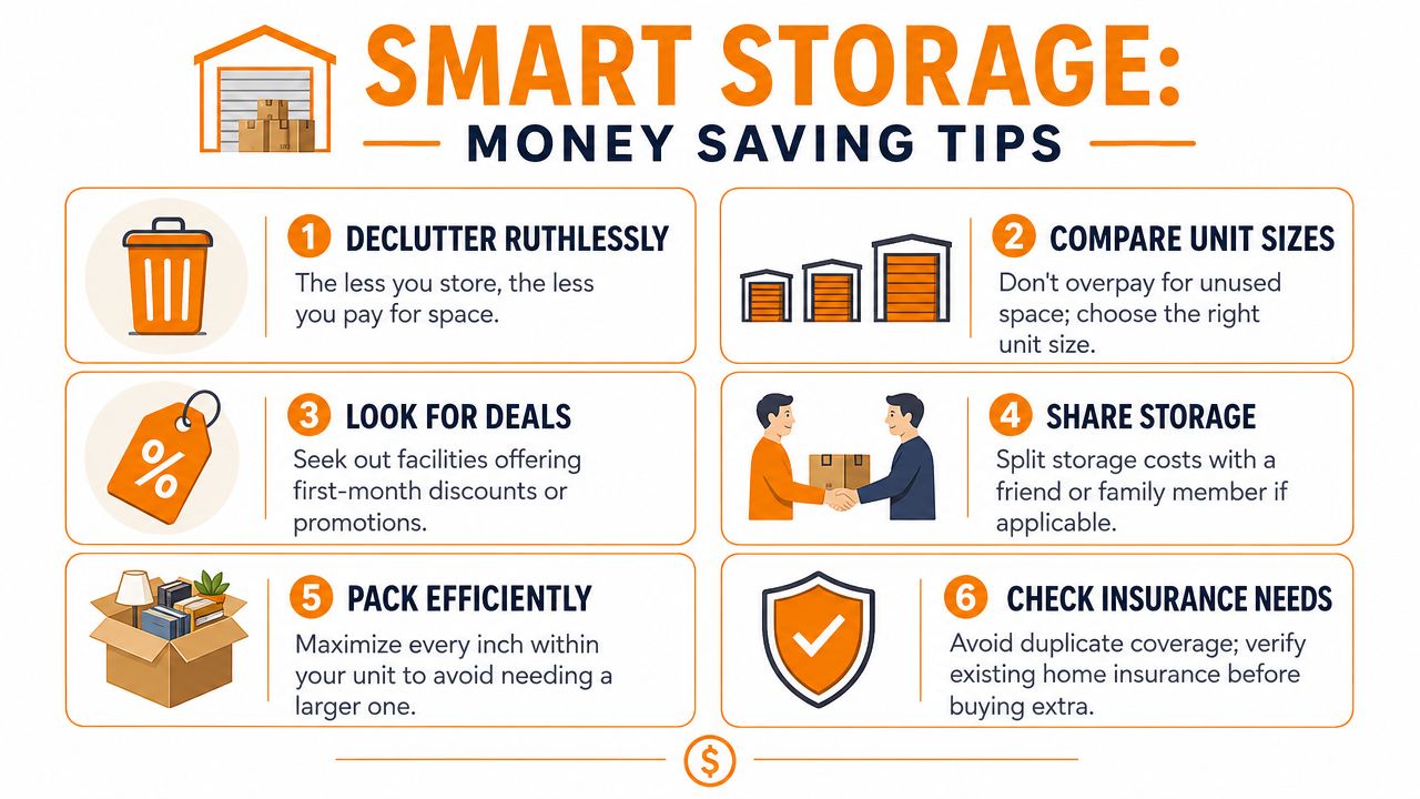 An infographic titled Smart Storage showing six money-saving tips for using self-storage facilities effectively and efficiently.