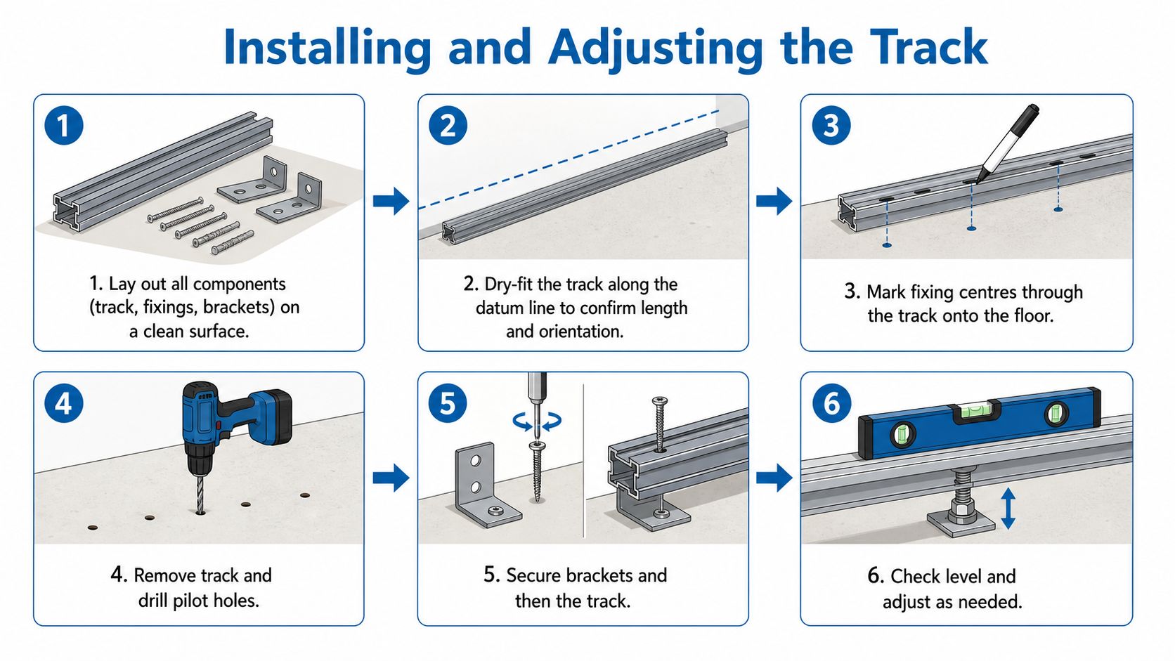A step-by-step instructional graphic showing how to install and adjust a bottom sliding door floor track.