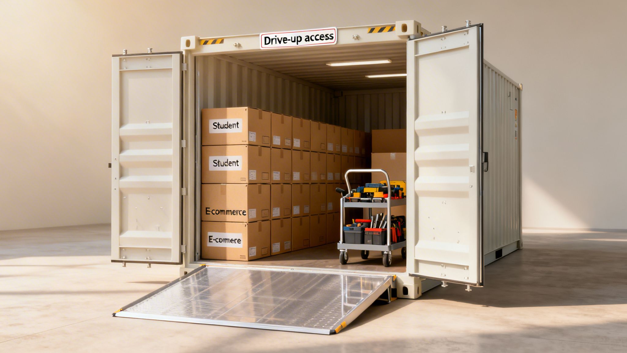 An open shipping container storage unit filled with labeled boxes and a tool cart, featuring a drive-up access sign.
