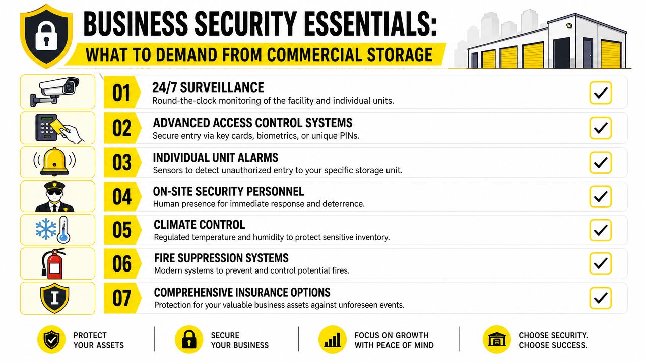 A checklist infographic titled Business Security Essentials outlining seven key features to demand from commercial storage facilities.