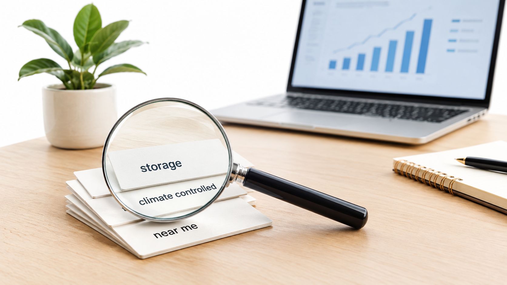 A magnifying glass focused on business note cards displaying storage and climate controlled keywords on a desk.