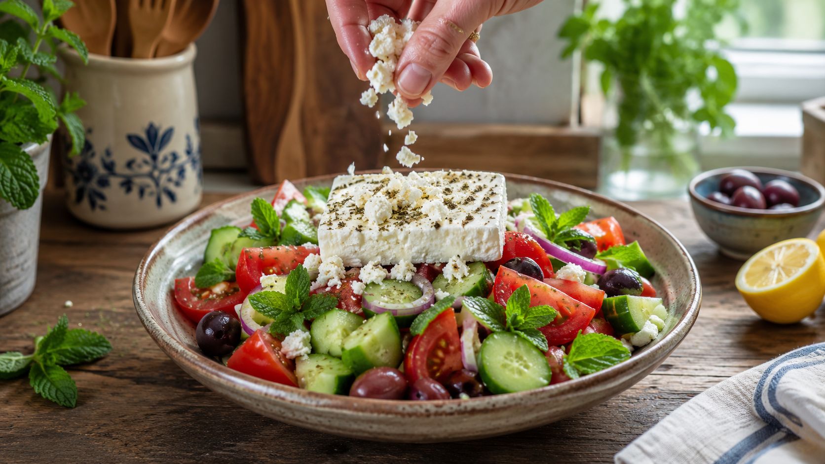 A hand crumbles feta cheese over a fresh Greek salad featuring tomatoes, cucumbers, and Kalamata olives.