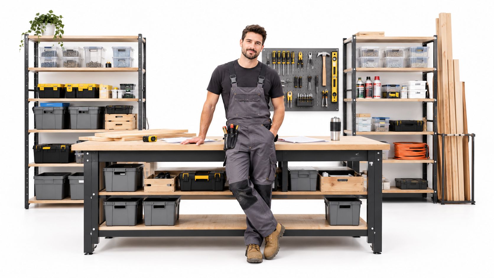 A professional carpenter standing confidently in front of a well-organized workbench in a modern workshop setting.