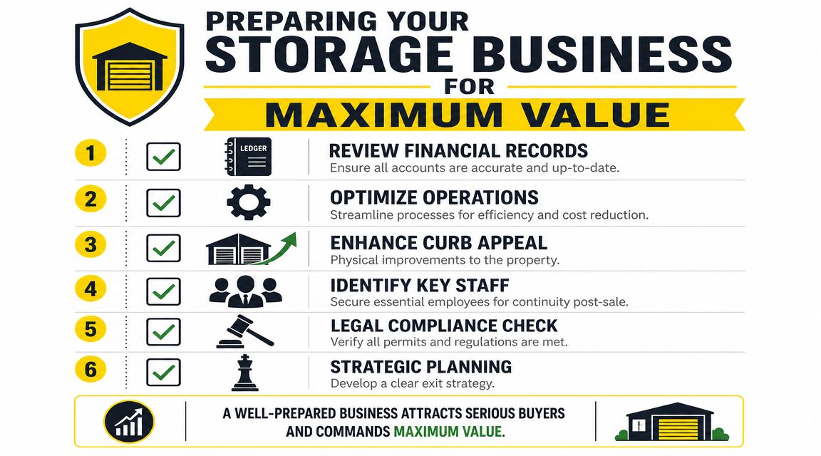 An infographic titled Preparing Your Storage Business For Maximum Value, listing six steps for selling a storage facility.