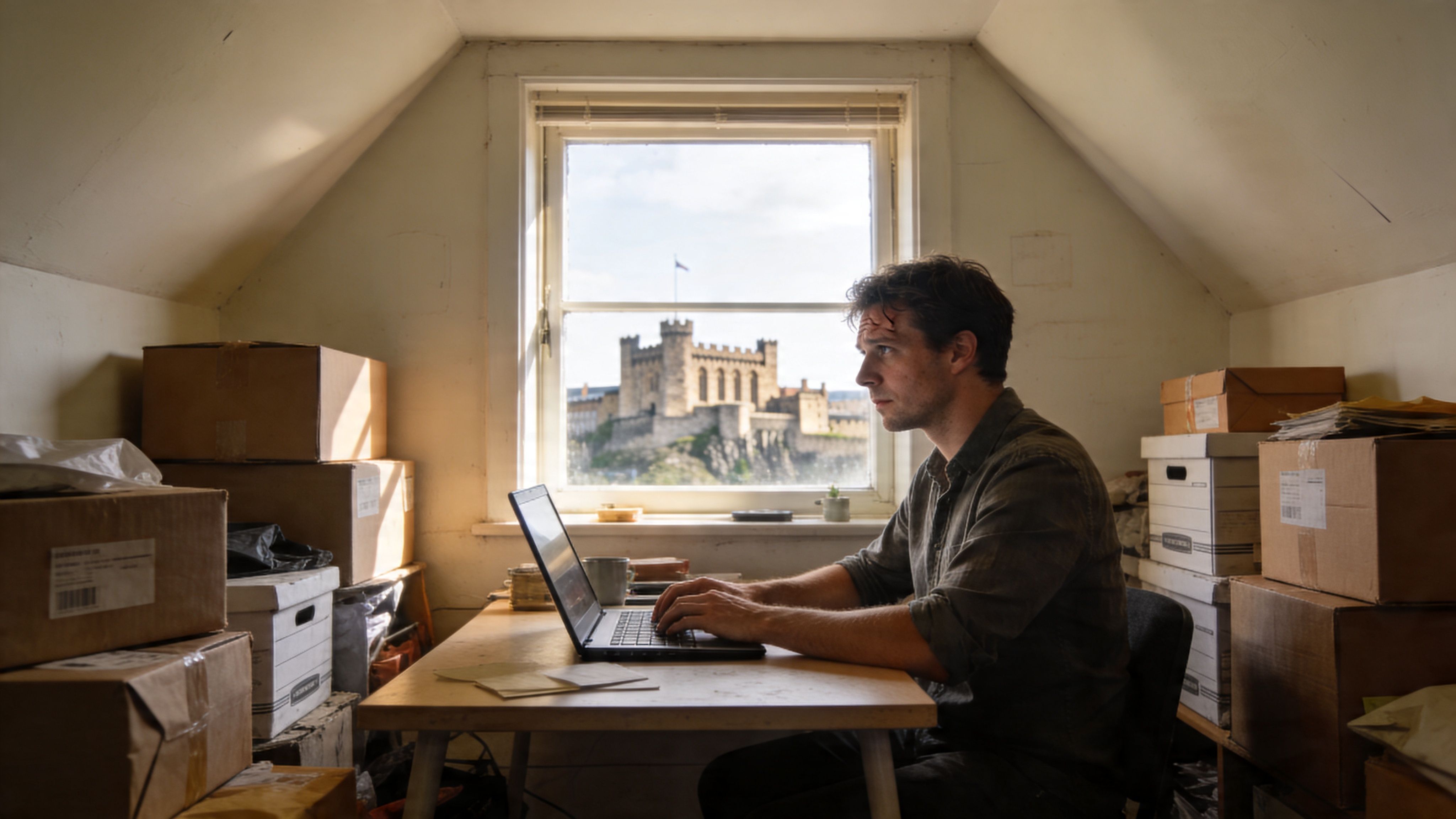 A man working on a laptop at a desk in a small room overlooking a historic castle.