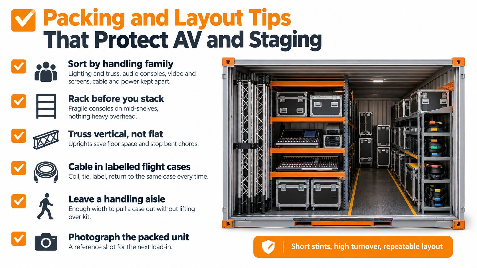A professional shipping container organized for event equipment storage featuring racks, vertical truss, and labeled flight cases.
