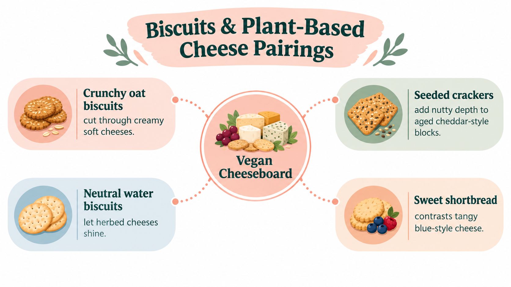An infographic showing various types of biscuits paired with different styles of plant-based vegan cheese options.
