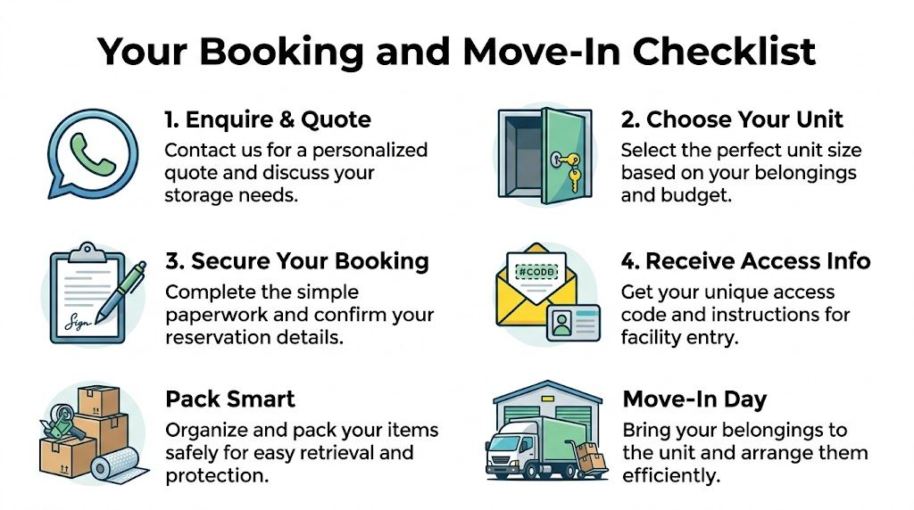 A six-step checklist titled Your Booking and Move-In Checklist for planning self-storage usage.