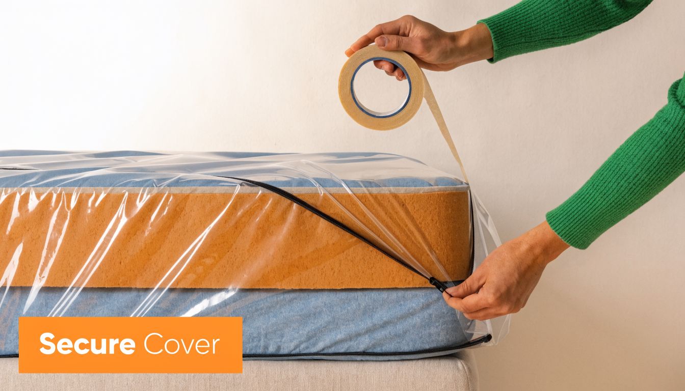 A person wrapping a plastic mattress cover with tape to ensure it is securely stored.
