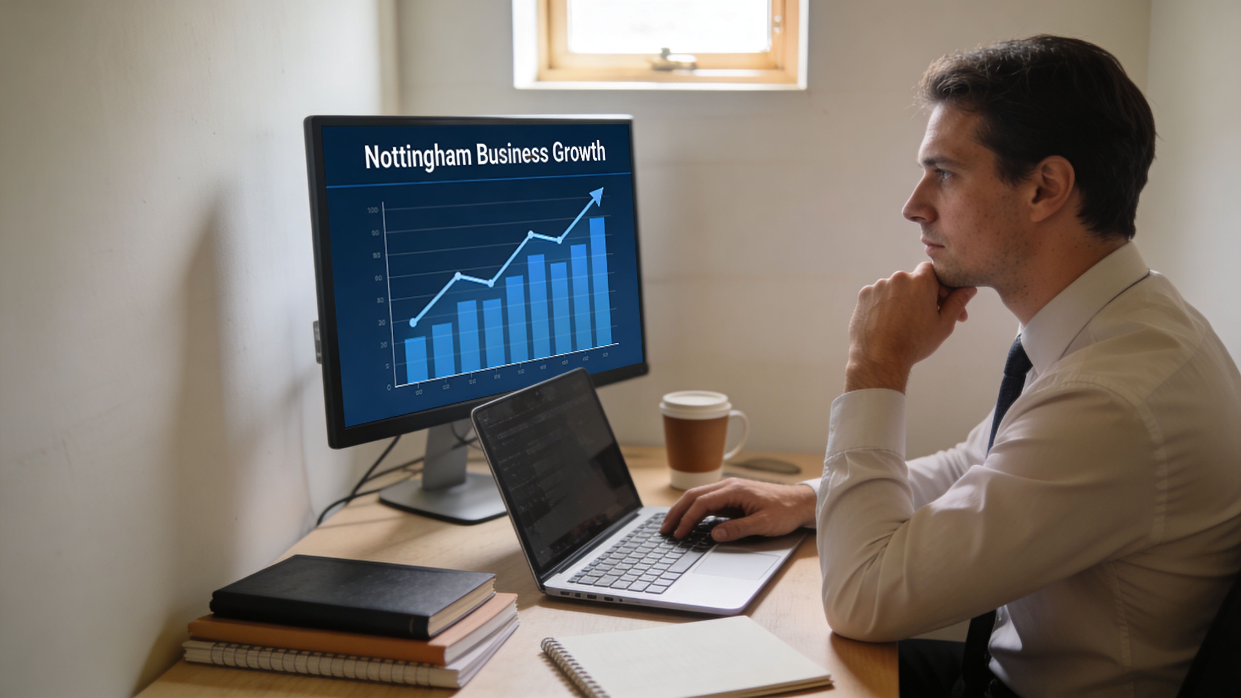 A professional man analyzes a business growth chart on his computer screen in a bright home office.