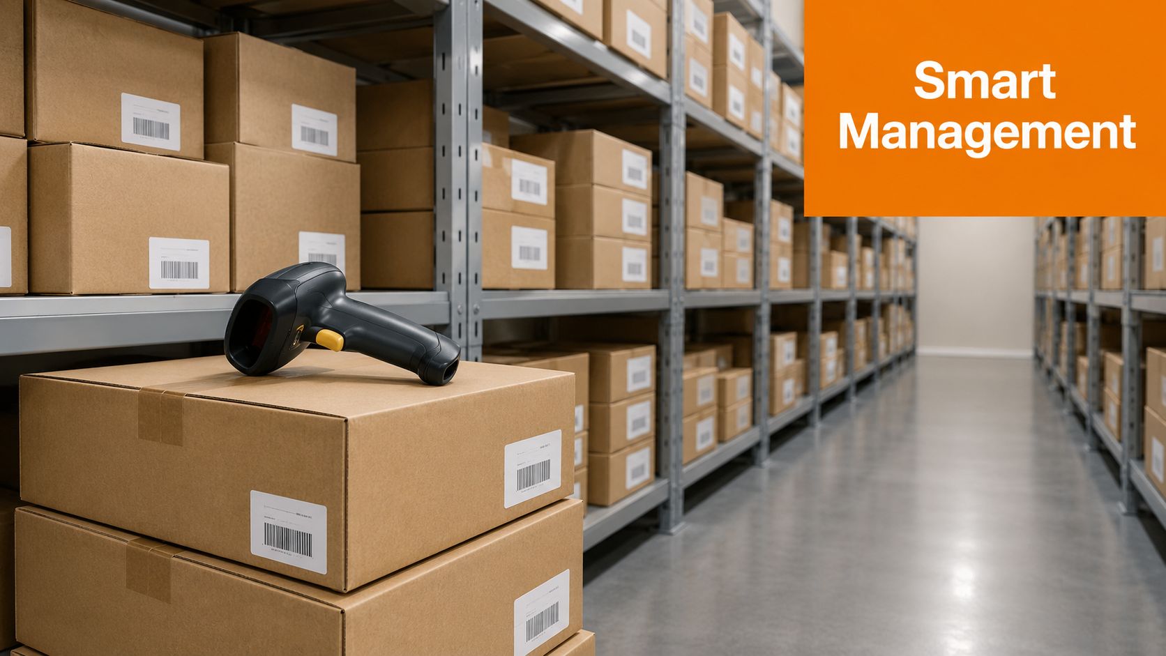 A barcode scanner sitting on cardboard boxes in a warehouse with shelves filled with inventory