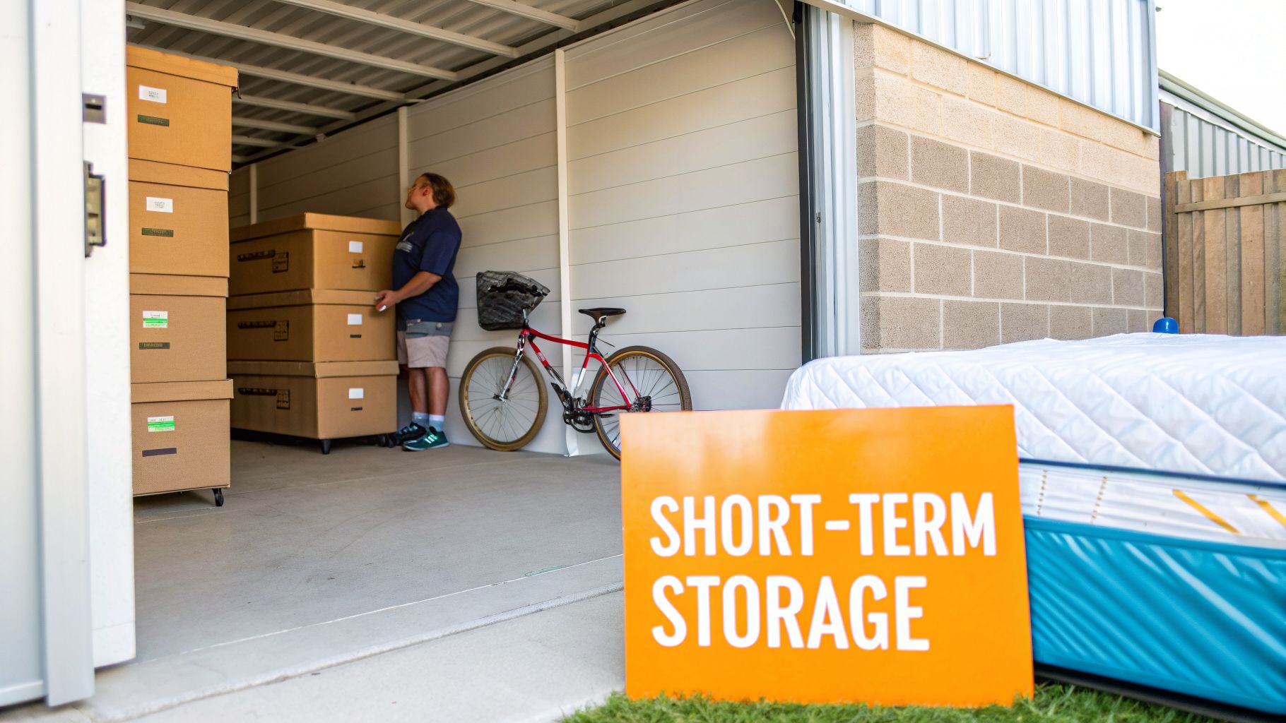 A person organizes boxes inside a short-term self-storage unit with a bicycle and mattresses nearby.