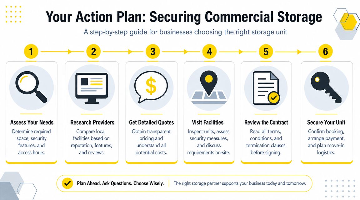A six-step infographic guide for businesses outlining the process of securing commercial storage space effectively.