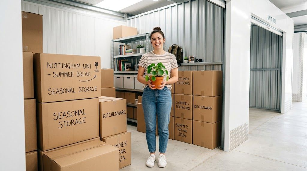A smiling young woman holding a potted plant while standing in her organized self storage unit.
