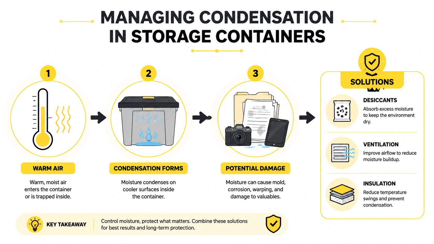 A diagram explaining how to manage condensation and moisture in storage containers to prevent item damage.