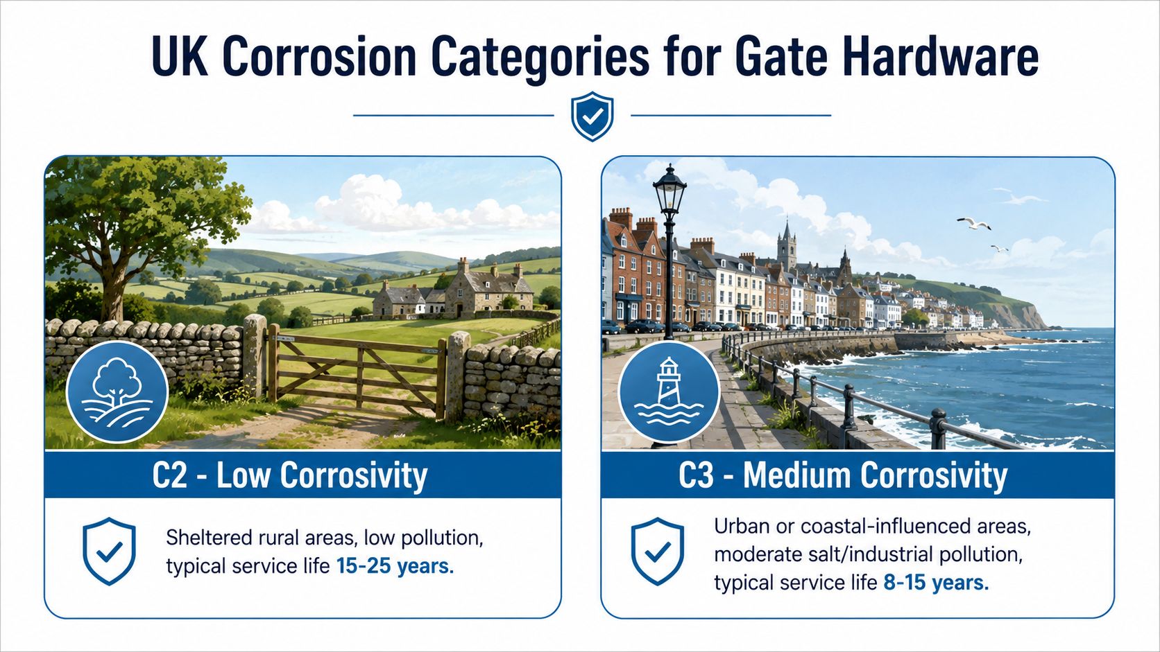 A chart comparing corrosion categories C2 and C3 for gate hardware in different UK environments.