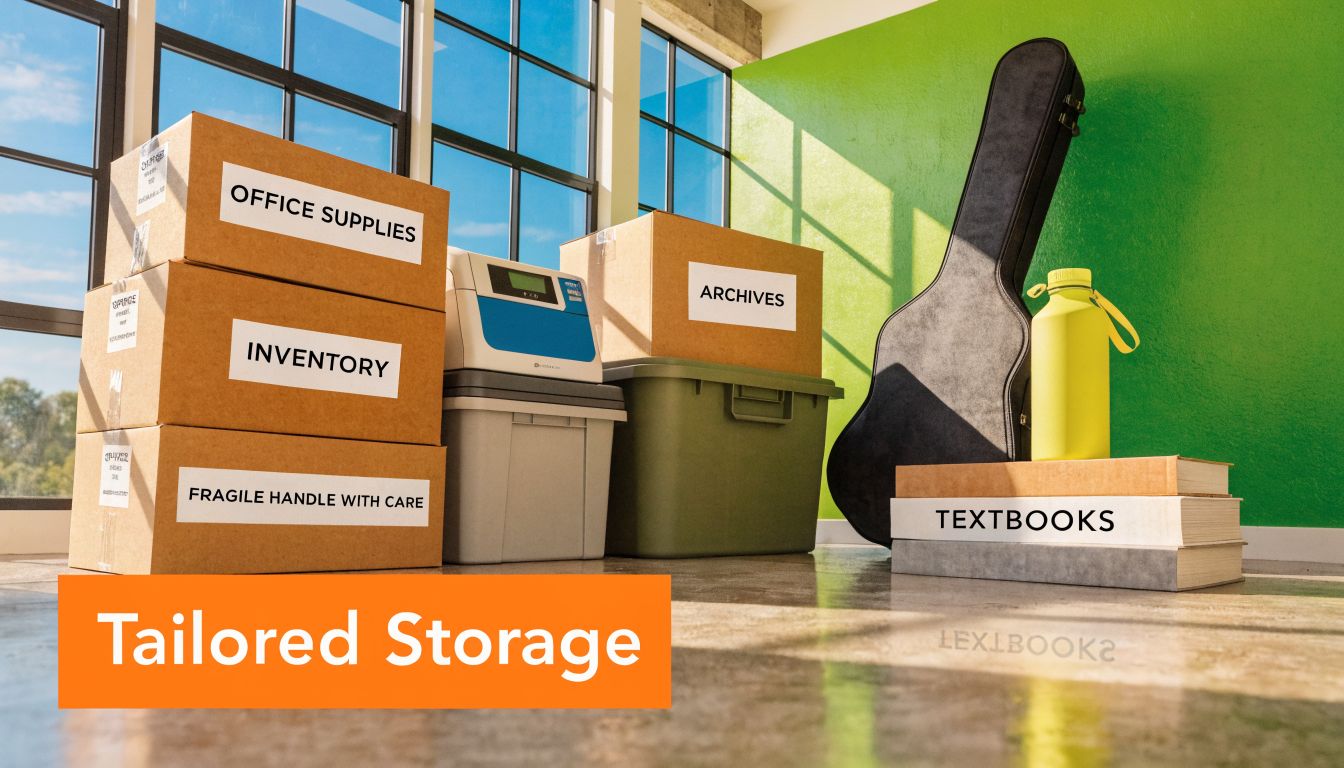 Several cardboard boxes labeled with contents like office supplies and archives stored in a bright room.
