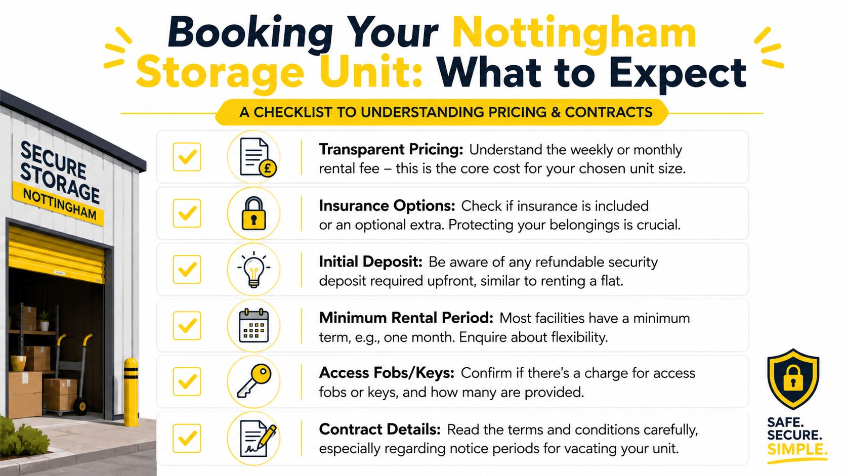 An infographic detailing a checklist for booking a Nottingham self storage unit, focusing on pricing and contracts.