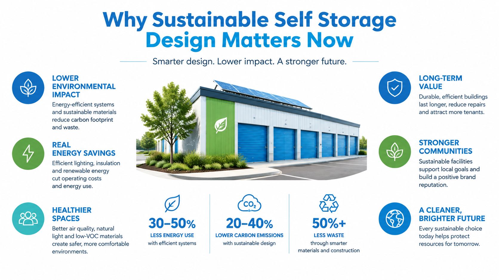 sustainable self storage design green building • Sustainable Self Storage Design: A Practical Guide An infographic showing the benefits of sustainable self-storage facility design for the environment and business growth.