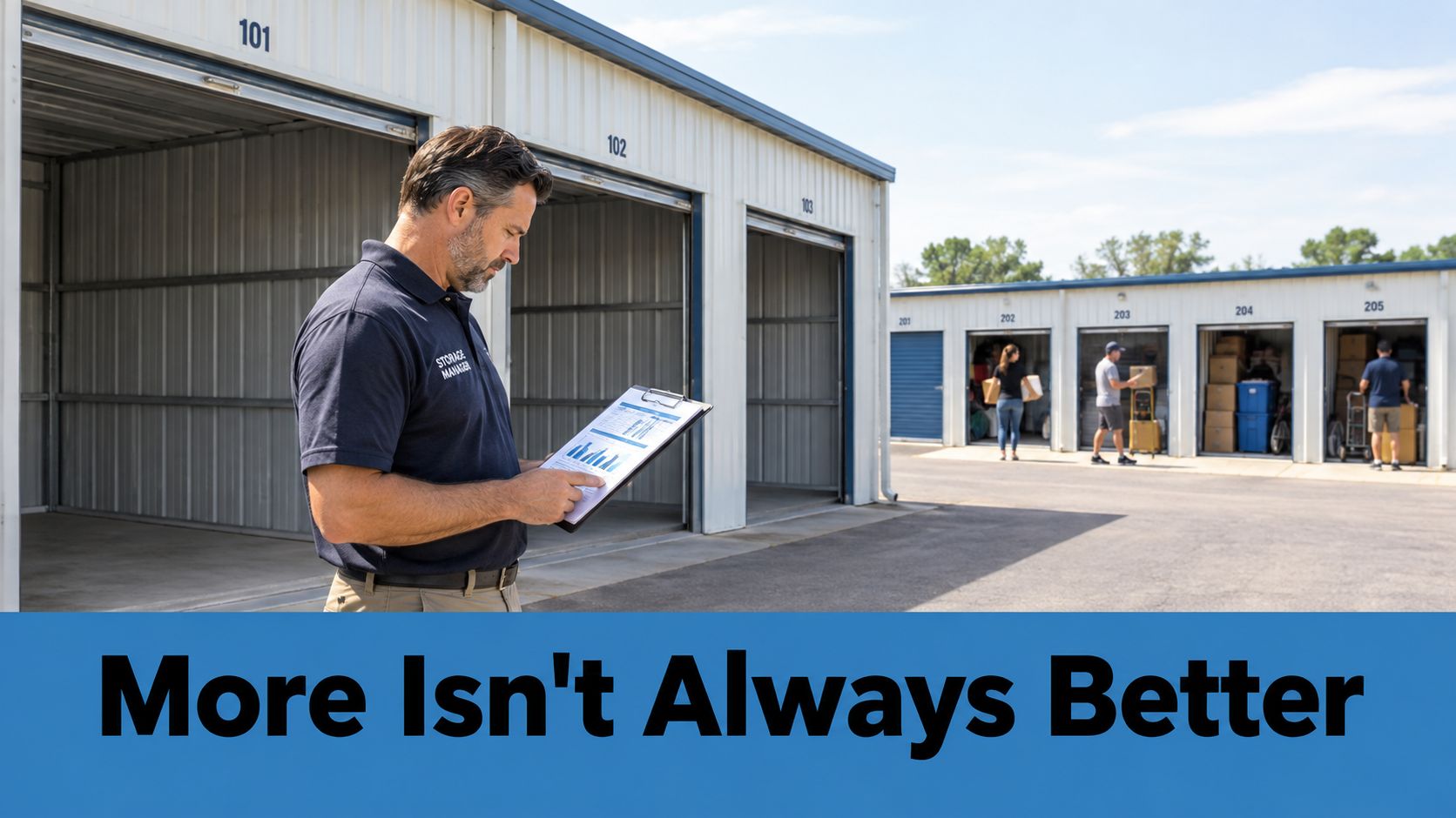 A storage manager reviewing performance data on a clipboard in front of self storage facility units.