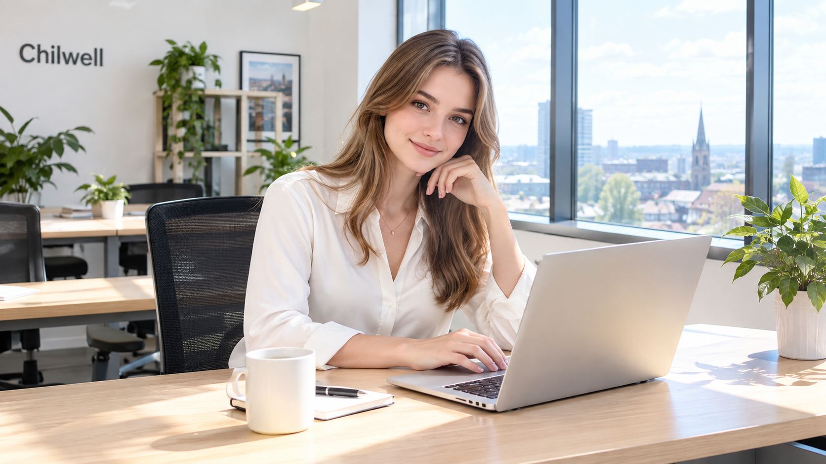 A professional woman working on a laptop at her desk in a bright, modern shared office space.