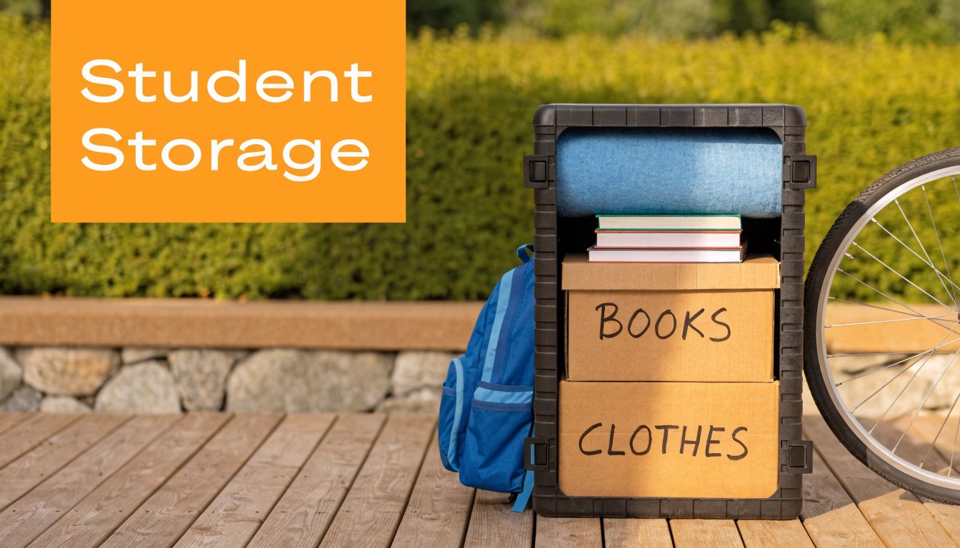 A black plastic storage container filled with books, clothing, and blankets outdoors on a wooden deck.