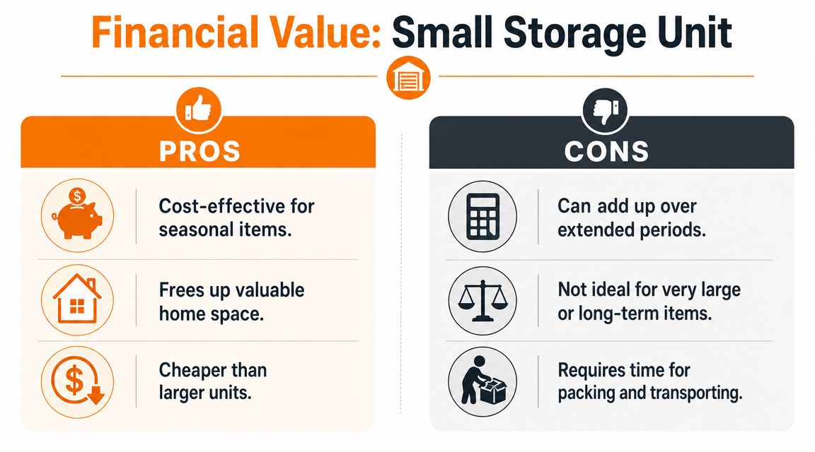 A comparison chart showing the pros and cons of renting a small storage unit for financial value.
