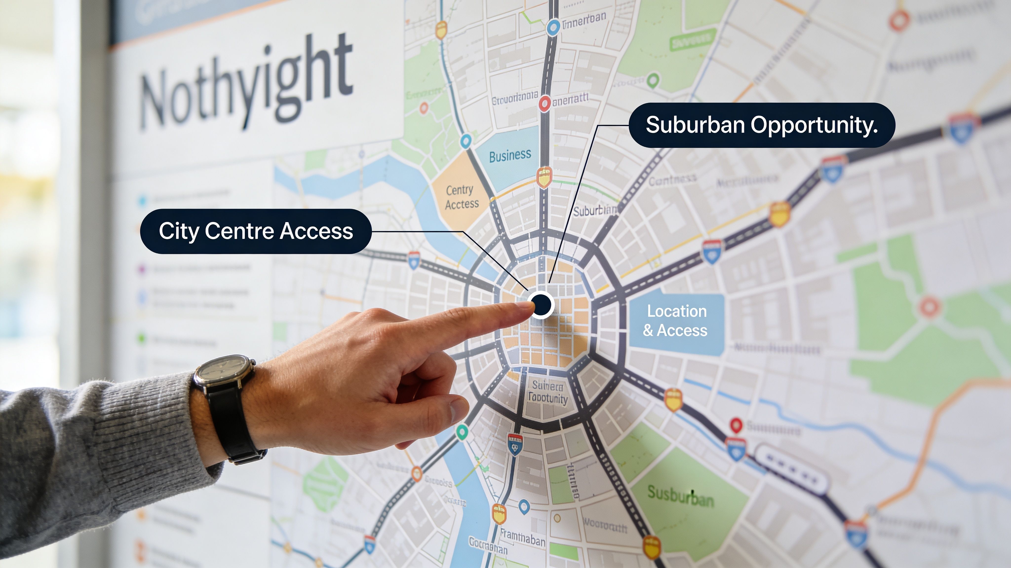A professional pointing at a city map to highlight prime commercial real estate and accessibility options.