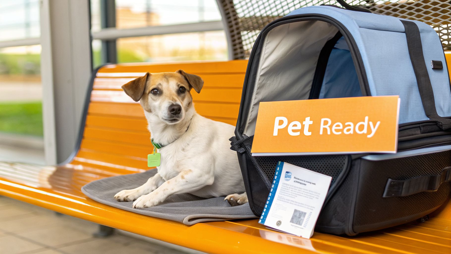 A small dog rests on a mat next to a pet carrier and a "Pet Ready" sign on an orange bench.