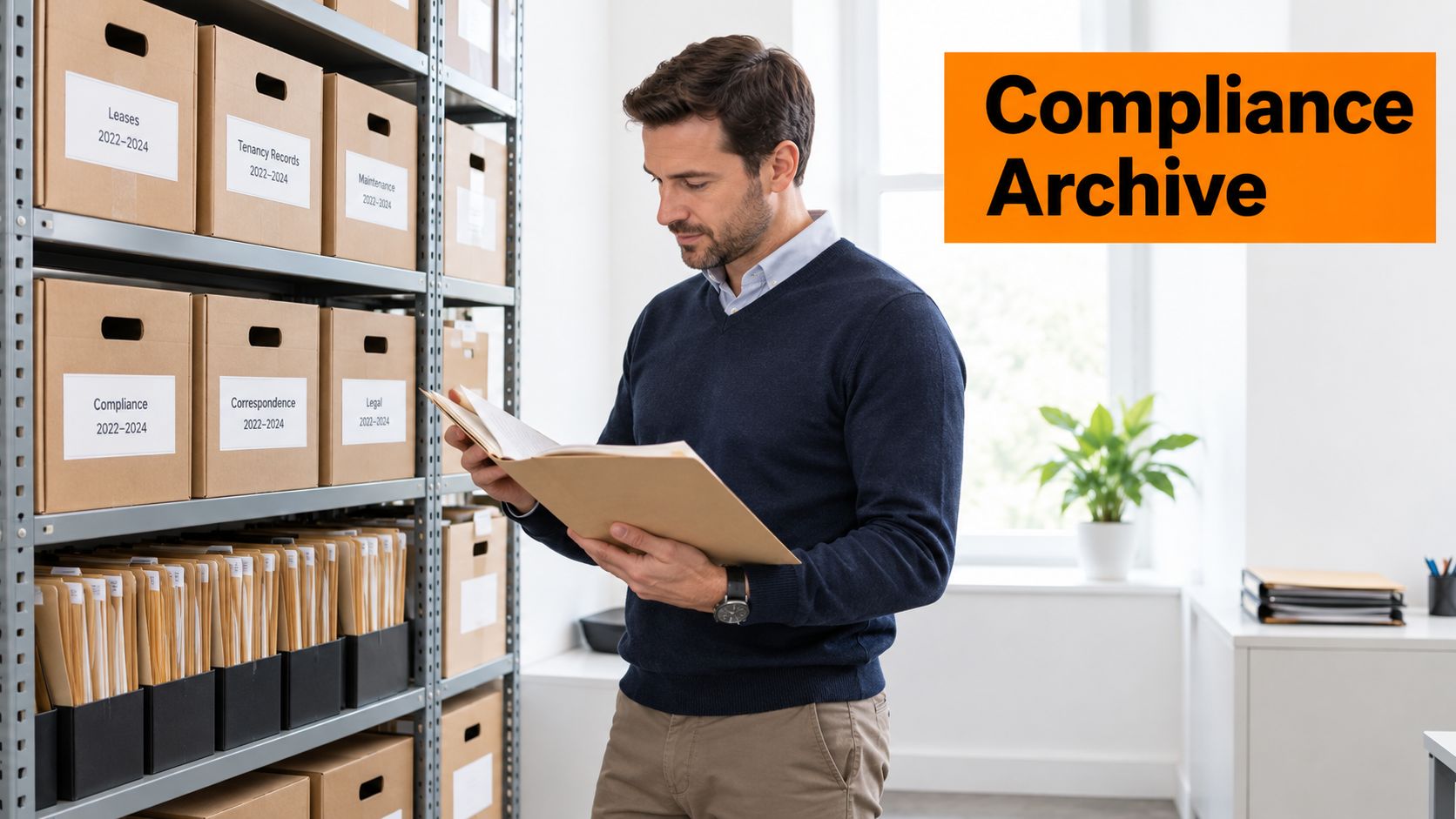 A professional man reviewing documents in an organized office storage room filled with labeled cardboard boxes.